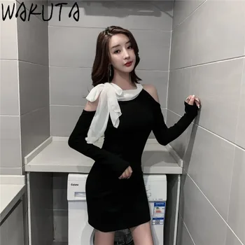 WAKUTA Povodcem Black Bowknot Plašč Obleke Moda Čipke Off Ramenski Kratko Obleko za Žensko korejski Eleganten Stranka Datum Eveinng