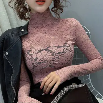 2020 Nove Korejske Modne Seksi Hujšanje Čipke Boulses Hollower Iz Perspektive Fit Čipke Majica Dolg Rokav Elegantna Turtleneck Temelji Na Vrh