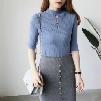 2019 žensk novo dno rokavi ženske tanke oddelek pol-visok ovratnik, kratke odstavka barva pulover, majica