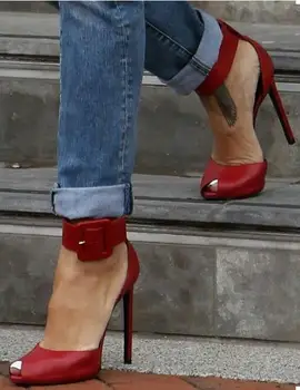 Rdeča jedrnato visoke pete poletje ženske sandale ime peep toe gleženj sponke stranka obleko čevlje, ženska velikosti 34 do 42 brezplačno ladja