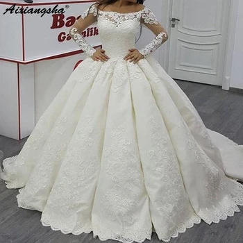 White Custom made Poročne Obleke Luxury Letnik Dolge Rokave Saten Žogo Obleke Čoln Vratu Bela vestido de noiva