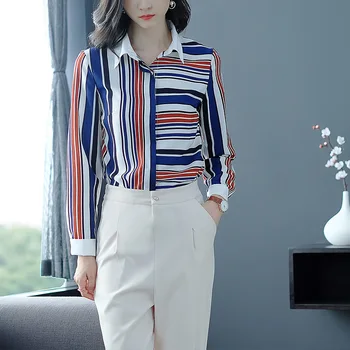 Črtasto Majico 2020Autumn Nov Slog v korejskem slogu Poslovne Ženske Dolg Rokav Moda Elegantno Hujšanje Ol Šifon Vrh Ženske