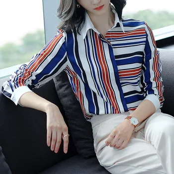 Črtasto Majico 2020Autumn Nov Slog v korejskem slogu Poslovne Ženske Dolg Rokav Moda Elegantno Hujšanje Ol Šifon Vrh Ženske