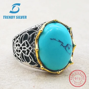 Srebro 925 fine nakit človek obroči moške dodatki turkizno gemstone naravnih oniks agate trgovina TRENDY SREBRNA