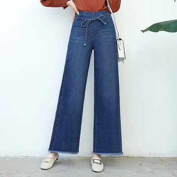 Širok noge hlače za ženske plus velikost visoko pasu, mešanica bombaža traper kavbojke priložnostne capris novo modno pomlad, jesen modri sy50801