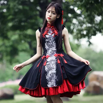 Kitajski slog gothic lolita obleko stojala za visoko pasu sweet lolita obleko cosplay princesa letnik viktorijanski obleko kawaii dekle loli