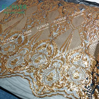 2020 Visoke Kakovosti Zlate Bleščice Neto Čipke Tkanine Sequined Vezene Afriške Nigerijski Ženske Poročno Obleko Oblikovanje Mrežnega Materiala