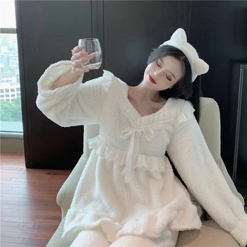 Jeseni novi korejski elegantna princess style sladko lok jagnje lase priložnostne domov nosijo pižamo dve delni set