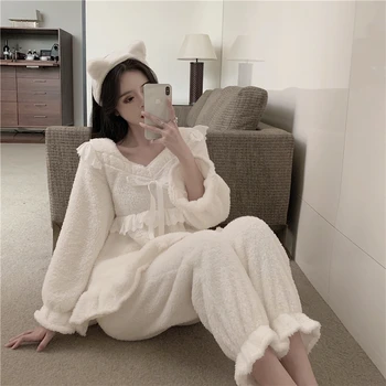 Jeseni novi korejski elegantna princess style sladko lok jagnje lase priložnostne domov nosijo pižamo dve delni set