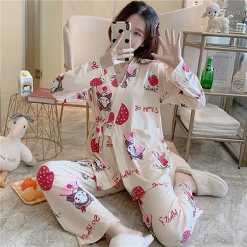 2020 Jeseni, Pozimi Dolg Rokav Strip Tiskanja Kimono Pajama Kompleti za Ženske Sleepwear bo Ustrezala Pyjama Homewear Pijama Mujer Domov Oblačila