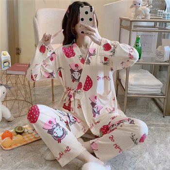 2020 Jeseni, Pozimi Dolg Rokav Strip Tiskanja Kimono Pajama Kompleti za Ženske Sleepwear bo Ustrezala Pyjama Homewear Pijama Mujer Domov Oblačila