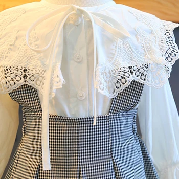Bela šola dekleta čipke bluzo +kariran suspender obleko 2pc nastavite malčke baby dekleta krilo določa jeseni otrok obleke