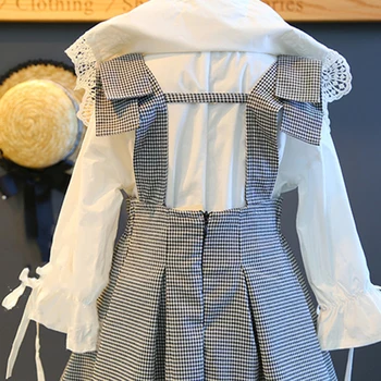 Bela šola dekleta čipke bluzo +kariran suspender obleko 2pc nastavite malčke baby dekleta krilo določa jeseni otrok obleke