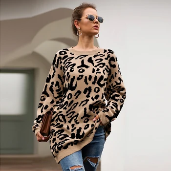 Bombaž Ženske Modni Pulover Svoboden Natisnjeni Leopard Krog Vratu Ženske Priložnostne Puloverji 2019 Jeseni Ženski Outwear Pulover Puloverju