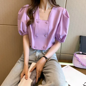 2020 Poletje Novo Elegantno Kvadratnih Ovratnik Urad Dama Vrhovi Oblačila Korejskem Slogu Puff Rokav Bluze Za Ženske Blusas Mujer De Moda 10086