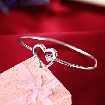 ženski nakit, Dragulji, 925 ožigosan silver plated iskreno dvojno srce čar zapestnico bangle Valentinovo darilo brezplačna dostava