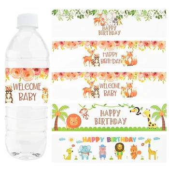 24Pcs Happy Birthday Divji Jungle Safari Steklenico Vode Oznako Živali Candy Bar Ovijalnika Nalepko Baby Tuš Otrok Stranka Dekoracijo