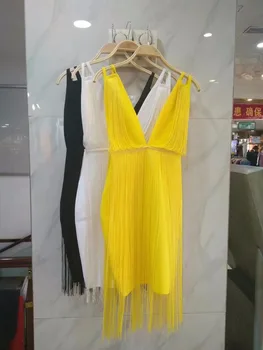 Moda novo povoj bela rumena črna tassel bodycon dvojno trakov seksi večer ženske klub kratke obleke debelo