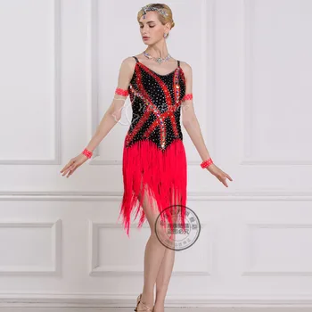 Nov prihod mozaik črno rdeče tassel brez rokavov O vratu Rumba cha cha salsa tango latinski ples konkurence obleko Rihinestone