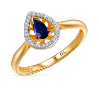 Zlati prstan s safirji in diamanti sončni svetlobi vzorec 585