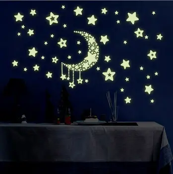 Luna Star Fluorescence Noctilucent Noč Žareti v Temno Svetlobna Vinil Izmenljive Vrtec Otroci Otrok Spalnica Stenske Nalepke Nalepke