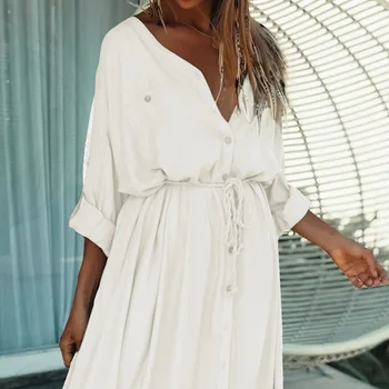 Bele plaže ženske obleke 2020 poletje dolg rokav povoj svoboden dolgo obleko femme počitnice bohemian Gumb Sonce-Dokazilo Bikini Obleke