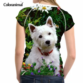 INSTANTARTS Ženske T-shirt 3D Lepe Pet Dog Tiskanja Ženskih Poletnih Kratek Sleever T-shirt Westie Cvetlični Moda Vrh Tee Slim T-shirt