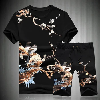 Žerjav znak, vzorec tiskanje kratek sleeve majica s kratkimi rokavi in kratke hlače določa Poletje Novo kakovost bombaža modno razkošje moške obleke, M-5XL