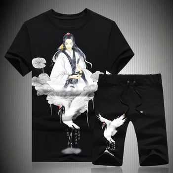 Žerjav znak, vzorec tiskanje kratek sleeve majica s kratkimi rokavi in kratke hlače določa Poletje Novo kakovost bombaža modno razkošje moške obleke, M-5XL