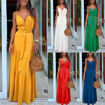 Ženska Špageti Trak Vestido Ženski Proti-vrat Počitnice Max Lady Plus Velikost Obleko 2019 Summer Beach Slog Oblačenja