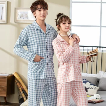 2020 Jeseni, Pozimi Dolg Rokav Nekaj Bombaž Pajama Kompleti za Ženske Priložnostne Kariran Sleepwear Homewear Pijama Mujer Moških Domov Oblačila