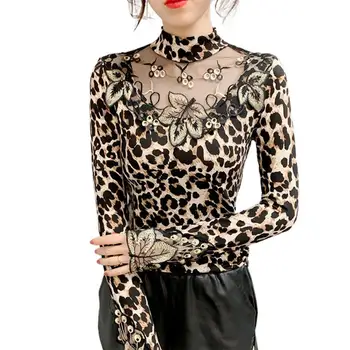 Novo Stilsko Seksi Žensk Dolg Rokav T-shirt Leopard, Tiskanje Listov, Vezenje Prosojen, Tanek Osnovne Bluzo Vrhovi
