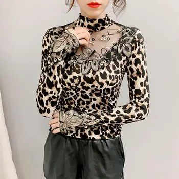 Novo Stilsko Seksi Žensk Dolg Rokav T-shirt Leopard, Tiskanje Listov, Vezenje Prosojen, Tanek Osnovne Bluzo Vrhovi