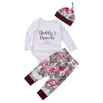 2020 Jesen Zima 3PCS Newborn Baby Dekleta Oblačila, ki Cvet Pismo Natisnjeno Bodysuit+Hlače, Dokolenke+Klobuk Obleke Oblačila