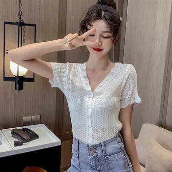Poletje tshirt ženske korejski Kratek Proti-vrat Tshirt Slim Plesti Vezenje Ženske Kratka sleeved Enotni-zapenjanje Tee Majica