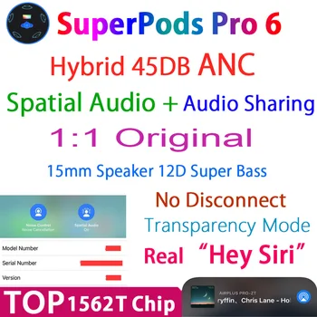 SuperPods Pro 6 TWS 45db Dvojno ANC Slušalke 1:1 Air3 Brezžična tehnologija Bluetooth Čepkov Prostorskega Zvoka in šumov & Super Bass