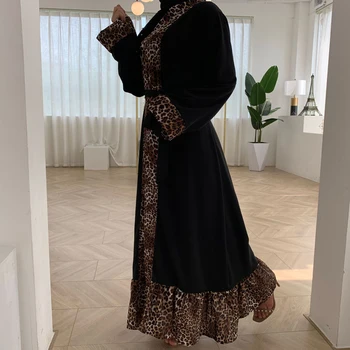 Novo Leopard Tiskanja Abaya Dubaj Kimono Jilbab Turški Tam Kaftan Muslimanske Ženske Open Maxi Obleko Dolgo Stranka Obleke Islamska Oblačila Ramadana
