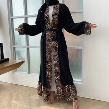 Novo Leopard Tiskanja Abaya Dubaj Kimono Jilbab Turški Tam Kaftan Muslimanske Ženske Open Maxi Obleko Dolgo Stranka Obleke Islamska Oblačila Ramadana