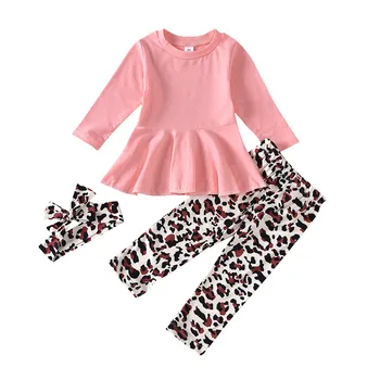 0-3Y Srčkan Newborn Baby Dekle z Dolgimi Rokavi Skirted T-shirt Vrhovi Leopard Dolge Hlače Legging Glavo 3PCS Dekliška Oblačila Sklop