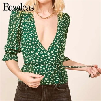 Bazaleas Elegantna womens vrhovi in bluzo Ruffle Rokav Zaviti Ženske Zeleno bluzo Cvjetnim Tiskanja blusas Moda blusa feminina