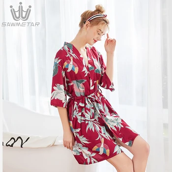 Ženske, Seksi, Svilena Halja Poroko Neveste Haljo Saten Oblačilih Tiskanja Cvet Kopalni Plašč 2020 Poletje Ženske Pižame Sleepwear Kimono
