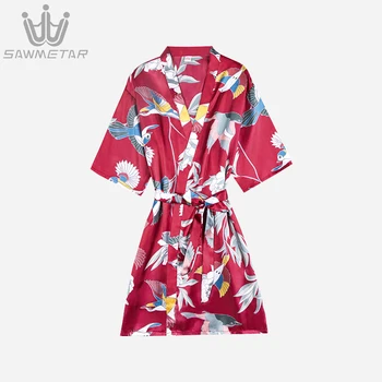 Ženske, Seksi, Svilena Halja Poroko Neveste Haljo Saten Oblačilih Tiskanja Cvet Kopalni Plašč 2020 Poletje Ženske Pižame Sleepwear Kimono