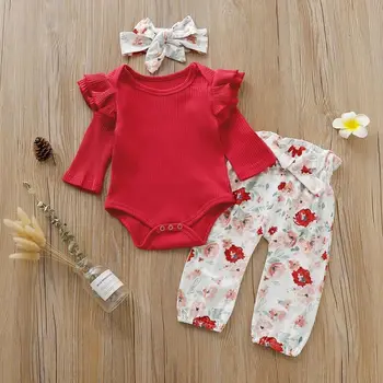 3PCS Newborn Baby Dekleta Vrhovi Romper Cvetlični Hlače Glavo Obleke Komplet Oblačil