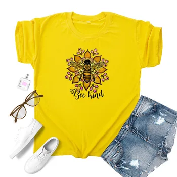 Ustvarjalne Čebela in Cvet Kawaii Tiskane Grafika Srčkan Cvet Tshirt Plus Velikost Slog Priložnostne Bohemia Ženski Unif Harajuku Tshirt