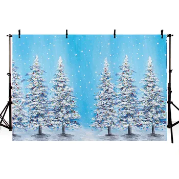 Mehofond Božično Drevo Kulise Modro Nebo Sneg Snežinka Pisanimi Okraski Fotografija Ozadja za Foto Studio
