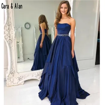 Haljo De Soiree Modra Prom Obleke 2019 Saten Ljubica Večer Stranka Obleko Dolgo Z Beaded Pasu Vestido De Praznik