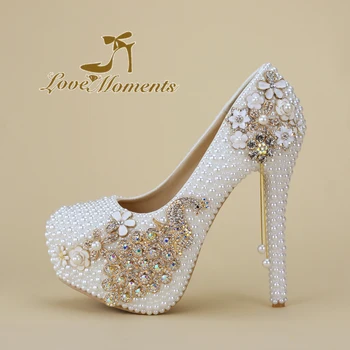 White pearl kroglice Ženske poročni čevlji Nevesta visoka ženska stranka obleko čevlje Luksuzni pav ženski čevlji z visoko Črpalke Ujemanje Torbici
