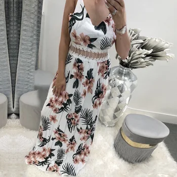 Poletje 2020 Vestidos Largos Bele Čipke Slip Cvetlični V Vratu Dolgo Obleko Maxi Moda Špageti Trak Ženske Vestido Longo Haljo Femme