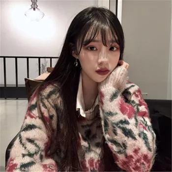 2020 korejski Elegantna Dodatki Sladko Pulover Ženske, Moher O-vratu Šivanje Barva Rose Sladko Dno Pletene Priložnostne Puloverji Vrhovi