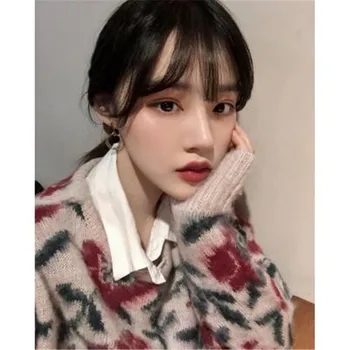 2020 korejski Elegantna Dodatki Sladko Pulover Ženske, Moher O-vratu Šivanje Barva Rose Sladko Dno Pletene Priložnostne Puloverji Vrhovi